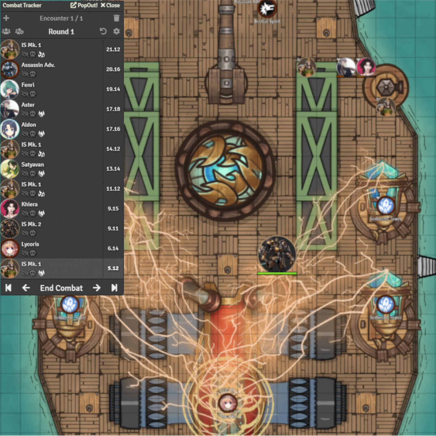 A scene from a D&D game being run using Foundry Virtual Table Top. The group fought a battle on a lightning powered battleship.