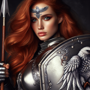 Woman with long red hair and green eyes dressed in plate armor with a spear and a shield a